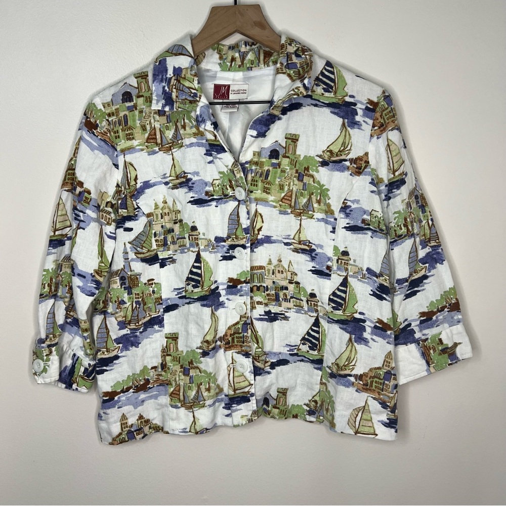 Jennifer Moore 100% Linen Button Blouse Size 10P Coastal Resort Beach White